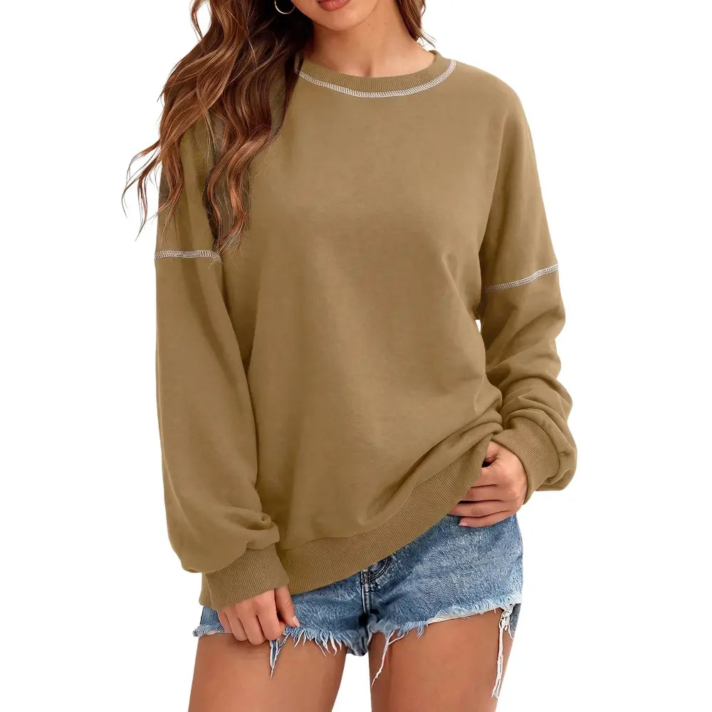 Dokotoo Womens Tops Casual Long Sleeve Oversized Shirts Crewneck Pullover Sweatshirts Autumn Winter Car Stitching Decoration Loose Sweatshirt