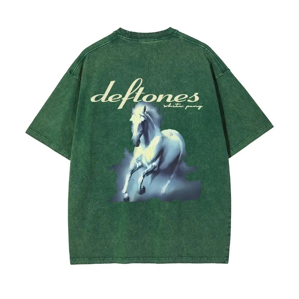 Unisex Retro Limited Vintage Washed T-Shirt, Rock with WHITE PONY Oversized Size Heavy Washed Cotton Tee, 90S Grunge Gothic Punk Y2K Rock Merch