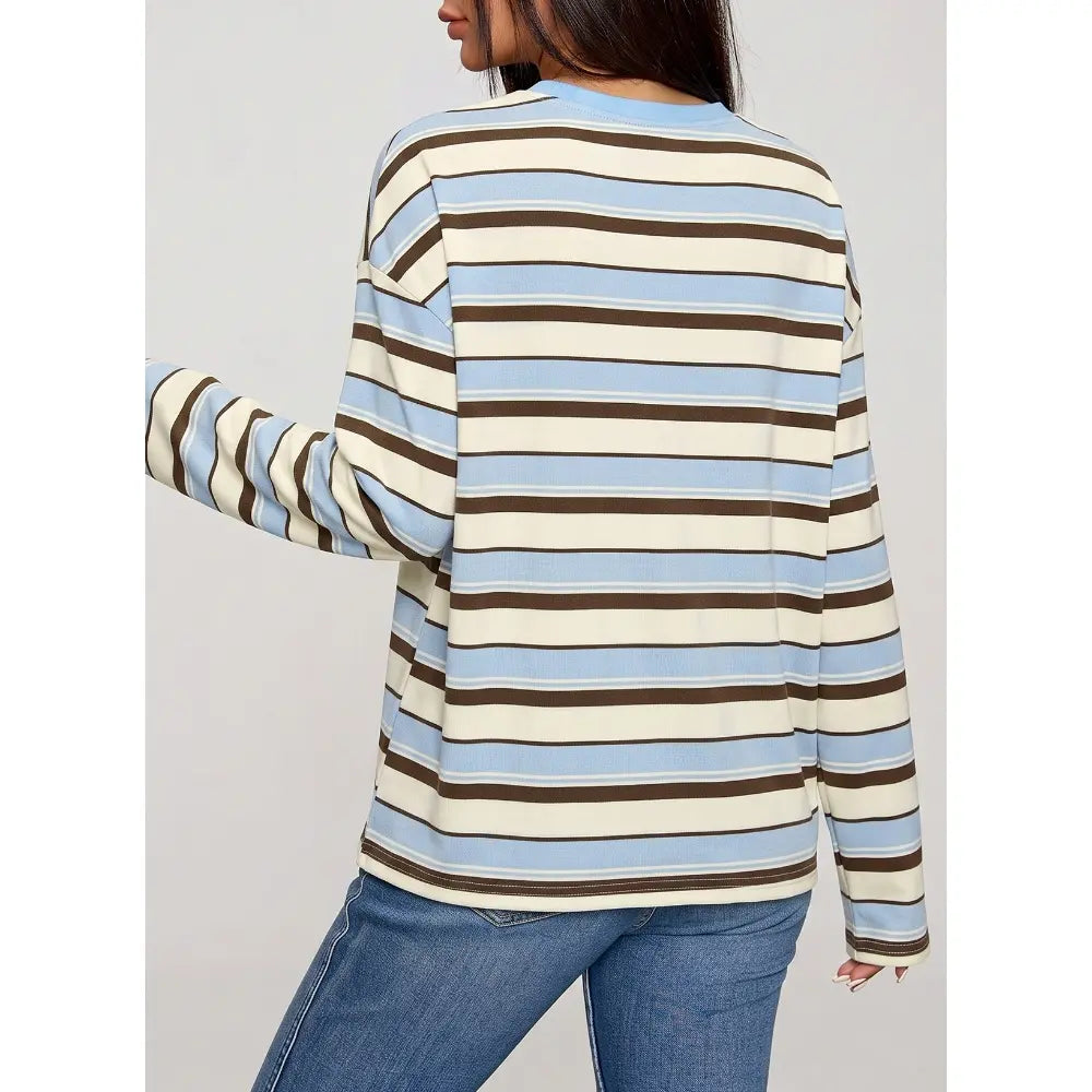 Dokotoo Women'S 2026 Striped Print Crewneck Casual Oversized Long Sleeve Knit Comfortable T-Shirt Tops
