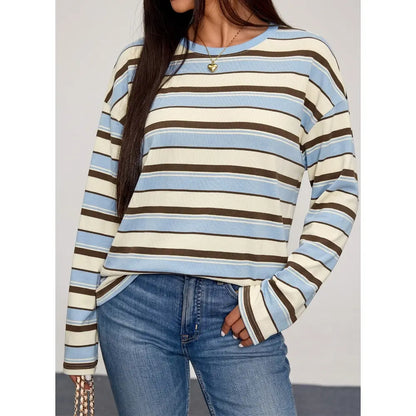 Dokotoo Women'S 2026 Striped Print Crewneck Casual Oversized Long Sleeve Knit Comfortable T-Shirt Tops