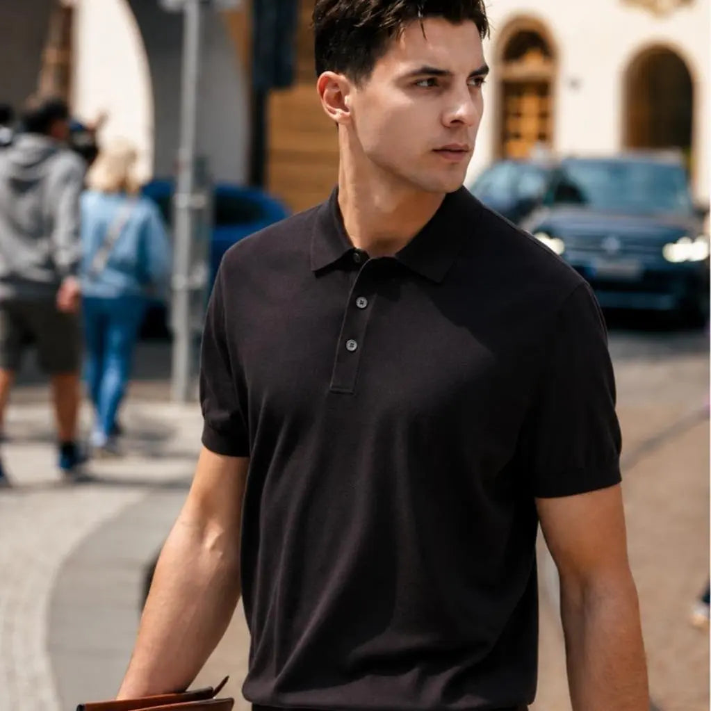 Boveme Men'S 100% Merino Wool 3-Button Polo Sweater, Menswear Tops, Quiet Luxury Style, Natural Smooth Ribbed Fabric, Machine Washable, Hem