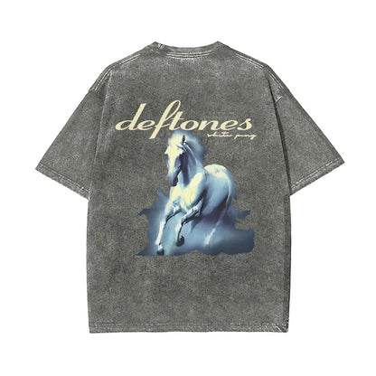 Unisex Retro Limited Vintage Washed T-Shirt, Rock with WHITE PONY Oversized Size Heavy Washed Cotton Tee, 90S Grunge Gothic Punk Y2K Rock Merch