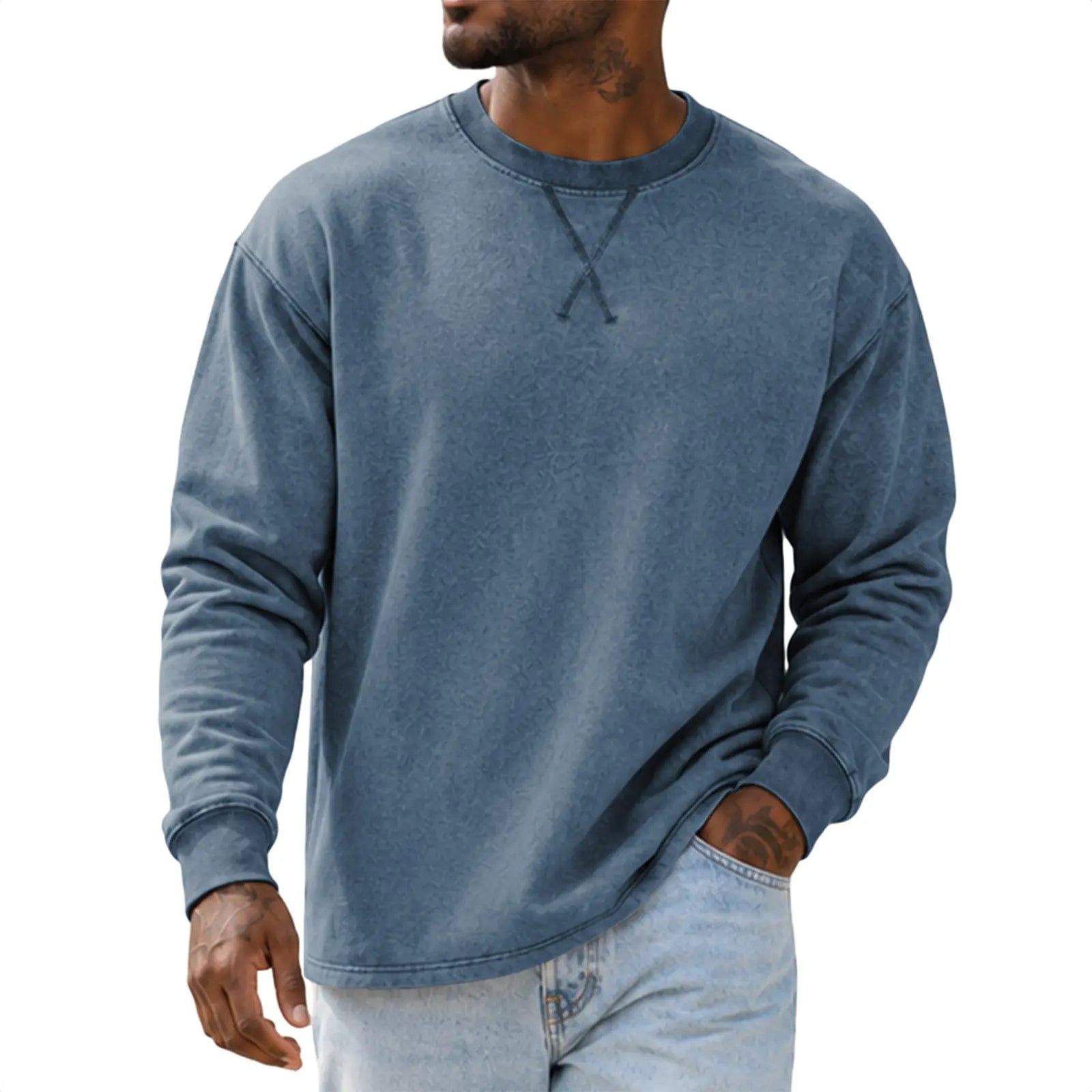 JMIERR Men'S Cotton Acid Washed Long Sleeve Crewneck Pullover | 100% Cotton, Vintage Wash, Crewneck Pullover, Relaxed Fit, Straight Hem, Soft Midweight Feel, Fall Winter Casual Shirts