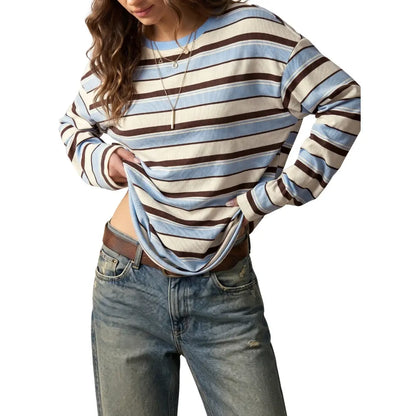 Dokotoo Women'S 2026 Striped Print Crewneck Casual Oversized Long Sleeve Knit Comfortable T-Shirt Tops