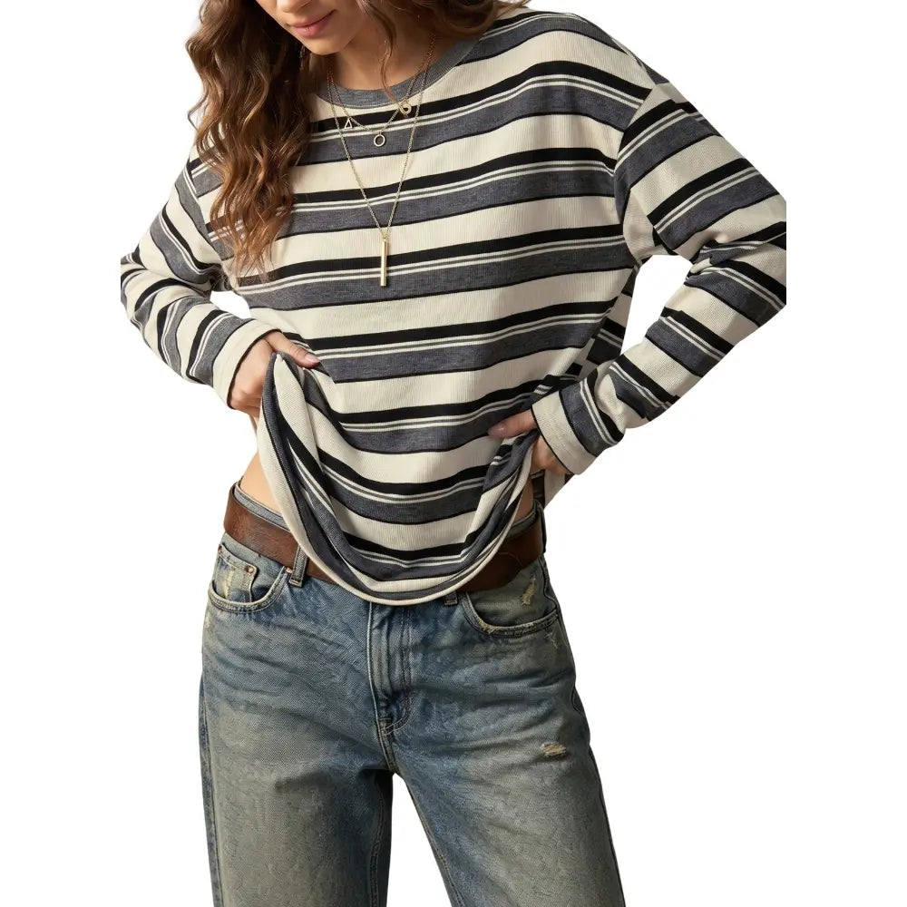 Dokotoo Women'S 2026 Striped Print Crewneck Casual Oversized Long Sleeve Knit Comfortable T-Shirt Tops