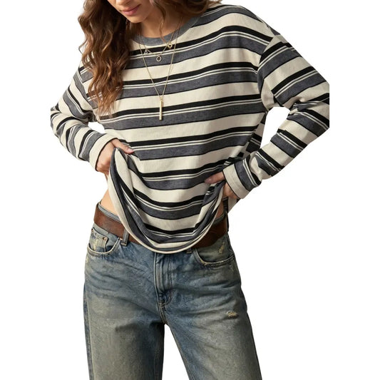 Dokotoo Women'S 2026 Striped Print Crewneck Casual Oversized Long Sleeve Knit Comfortable T-Shirt Tops