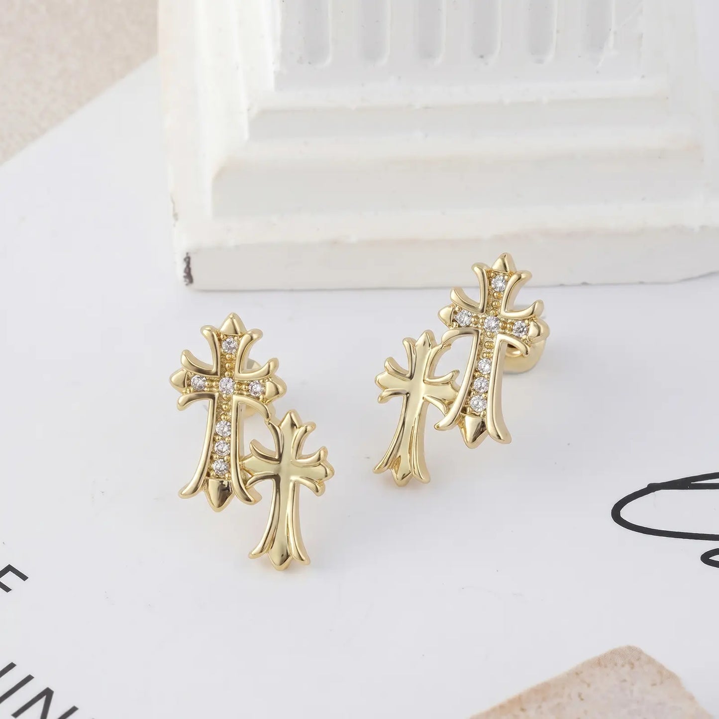 Unisex Zircon Cross Double Layer Christian Earrings, Eternity Faith Cross Drop Dangle Earrings for Mens, 14K Gold Plated Religious Hypoallergenic Earrings, Earrings Studs, Christian Charm Earrings