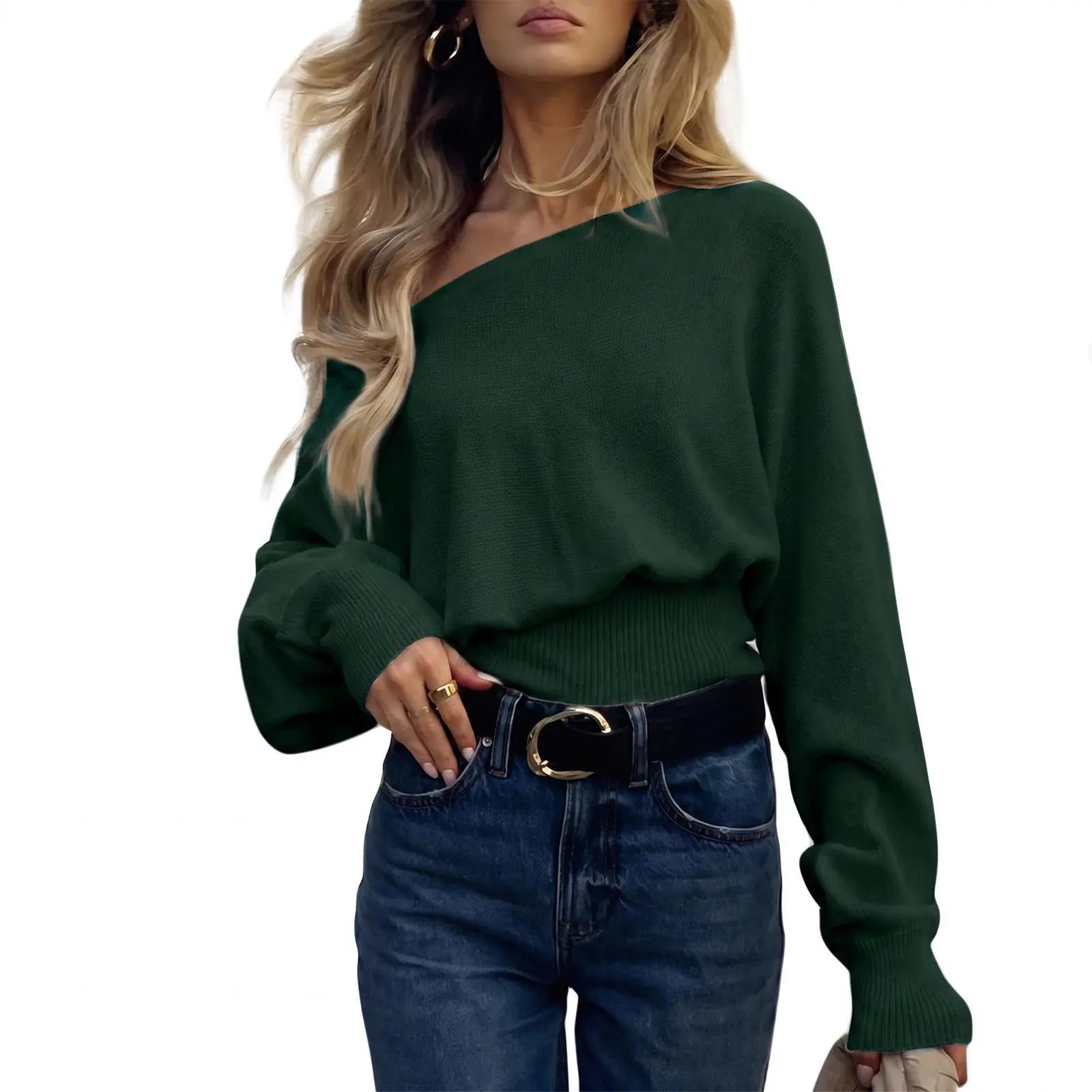 Imily Bela Women'S off Shoulder Sweater Long Sleeve Knit Top Casual Fall/Winter Slouchy Cinched Waist Pullover Jumper