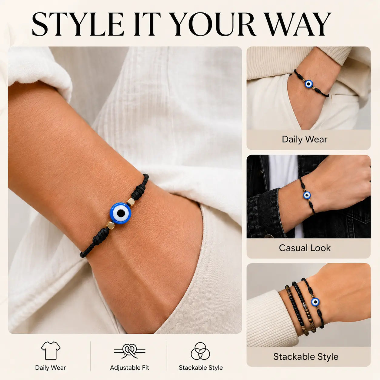 Evil Eye Bracelet for Women Men, Adjustable Lucky Protection Bracelet, Handmade Friendship String Bracelet