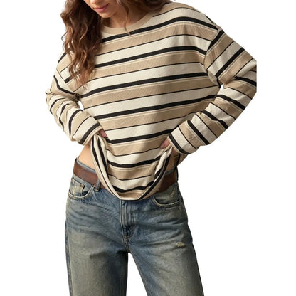 Dokotoo Women'S 2026 Striped Print Crewneck Casual Oversized Long Sleeve Knit Comfortable T-Shirt Tops