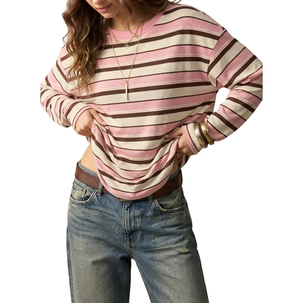 Dokotoo Women'S 2026 Striped Print Crewneck Casual Oversized Long Sleeve Knit Comfortable T-Shirt Tops