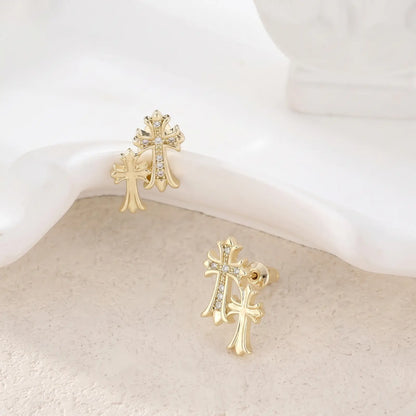 Unisex Zircon Cross Double Layer Christian Earrings, Eternity Faith Cross Drop Dangle Earrings for Mens, 14K Gold Plated Religious Hypoallergenic Earrings, Earrings Studs, Christian Charm Earrings