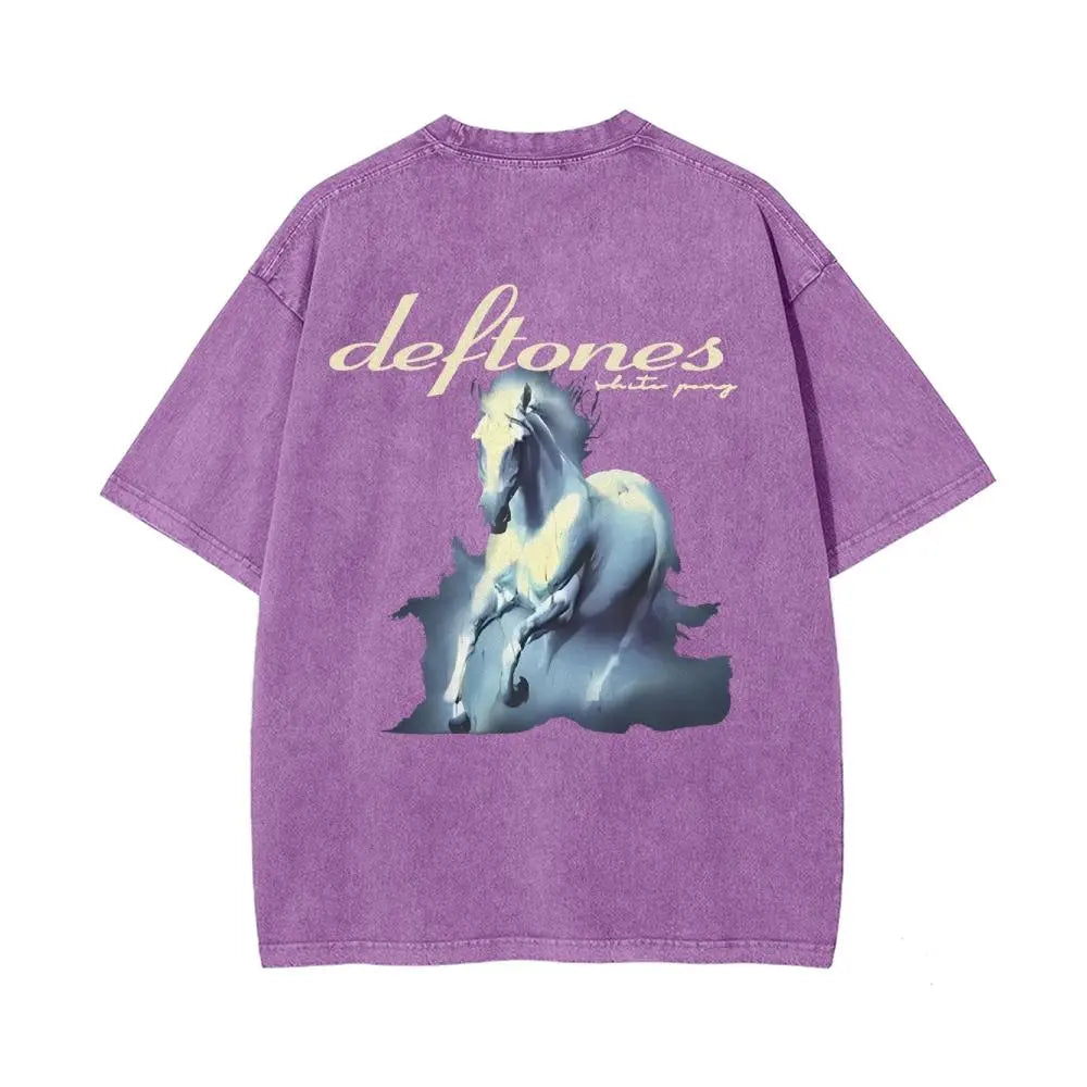 Unisex Retro Limited Vintage Washed T-Shirt, Rock with WHITE PONY Oversized Size Heavy Washed Cotton Tee, 90S Grunge Gothic Punk Y2K Rock Merch