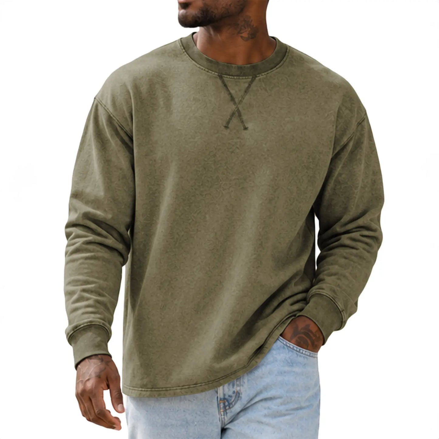 JMIERR Men'S Cotton Acid Washed Long Sleeve Crewneck Pullover | 100% Cotton, Vintage Wash, Crewneck Pullover, Relaxed Fit, Straight Hem, Soft Midweight Feel, Fall Winter Casual Shirts