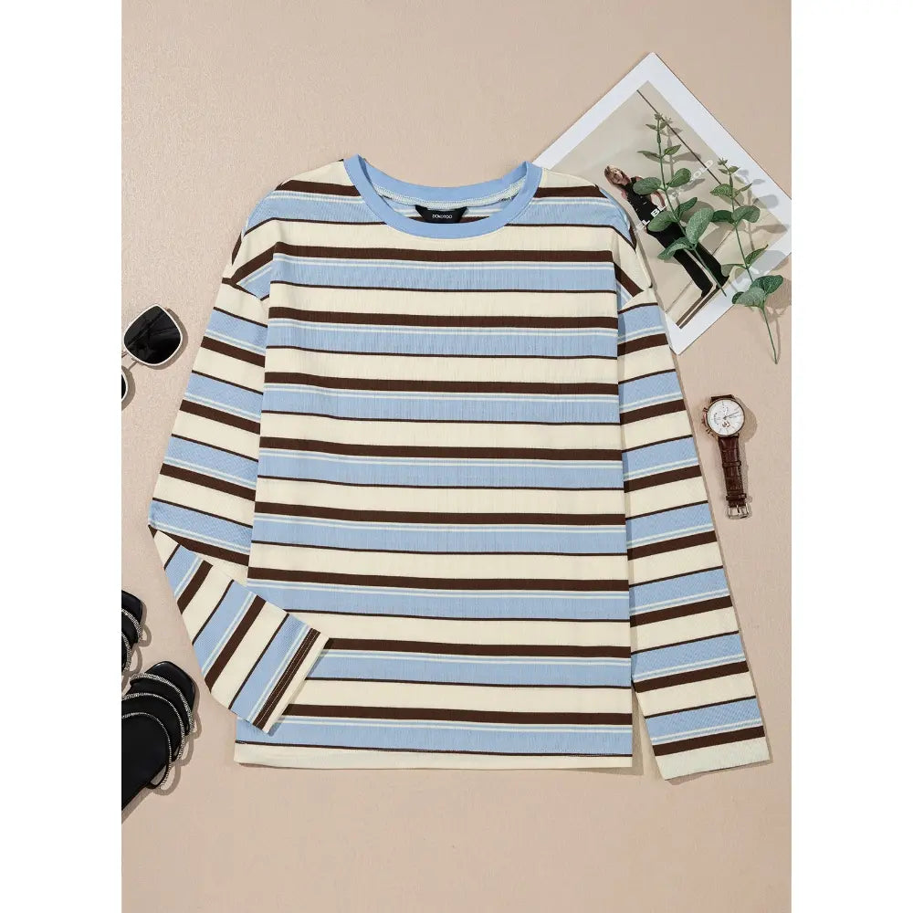 Dokotoo Women'S 2026 Striped Print Crewneck Casual Oversized Long Sleeve Knit Comfortable T-Shirt Tops