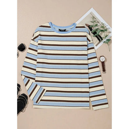 Dokotoo Women'S 2026 Striped Print Crewneck Casual Oversized Long Sleeve Knit Comfortable T-Shirt Tops