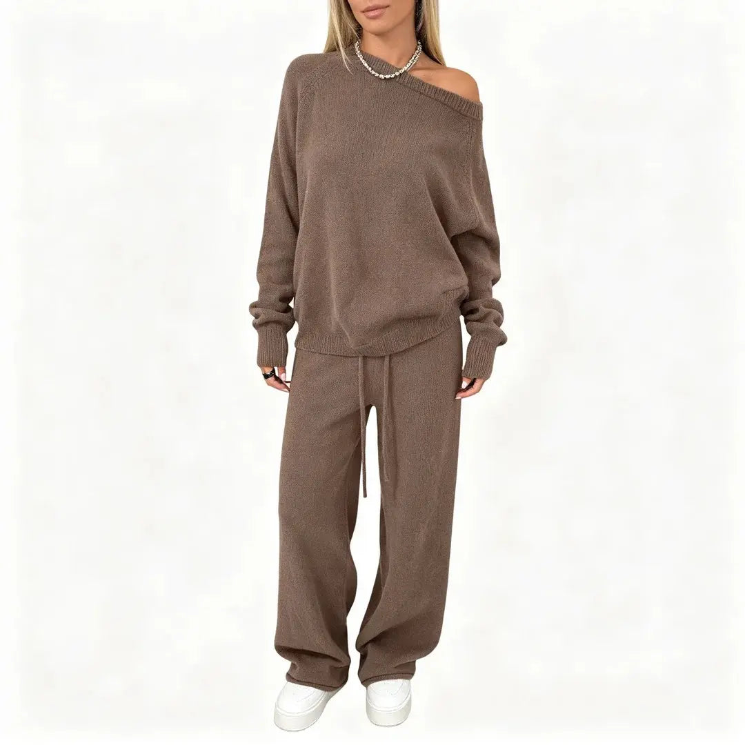 Yimoon Women'S off Shoulder Sweater Knit 2 Piece Long Sleeve Top High Waist Wide Leg Pants Lounge Outfit Matching Set Womenswear