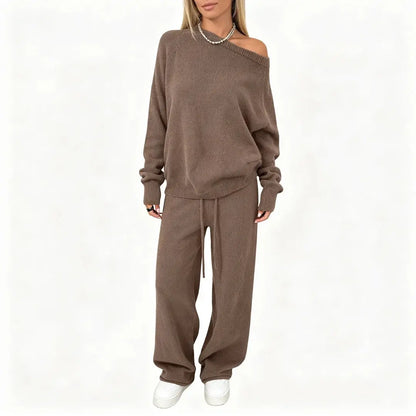 Yimoon Women'S off Shoulder Sweater Knit 2 Piece Long Sleeve Top High Waist Wide Leg Pants Lounge Outfit Matching Set Womenswear