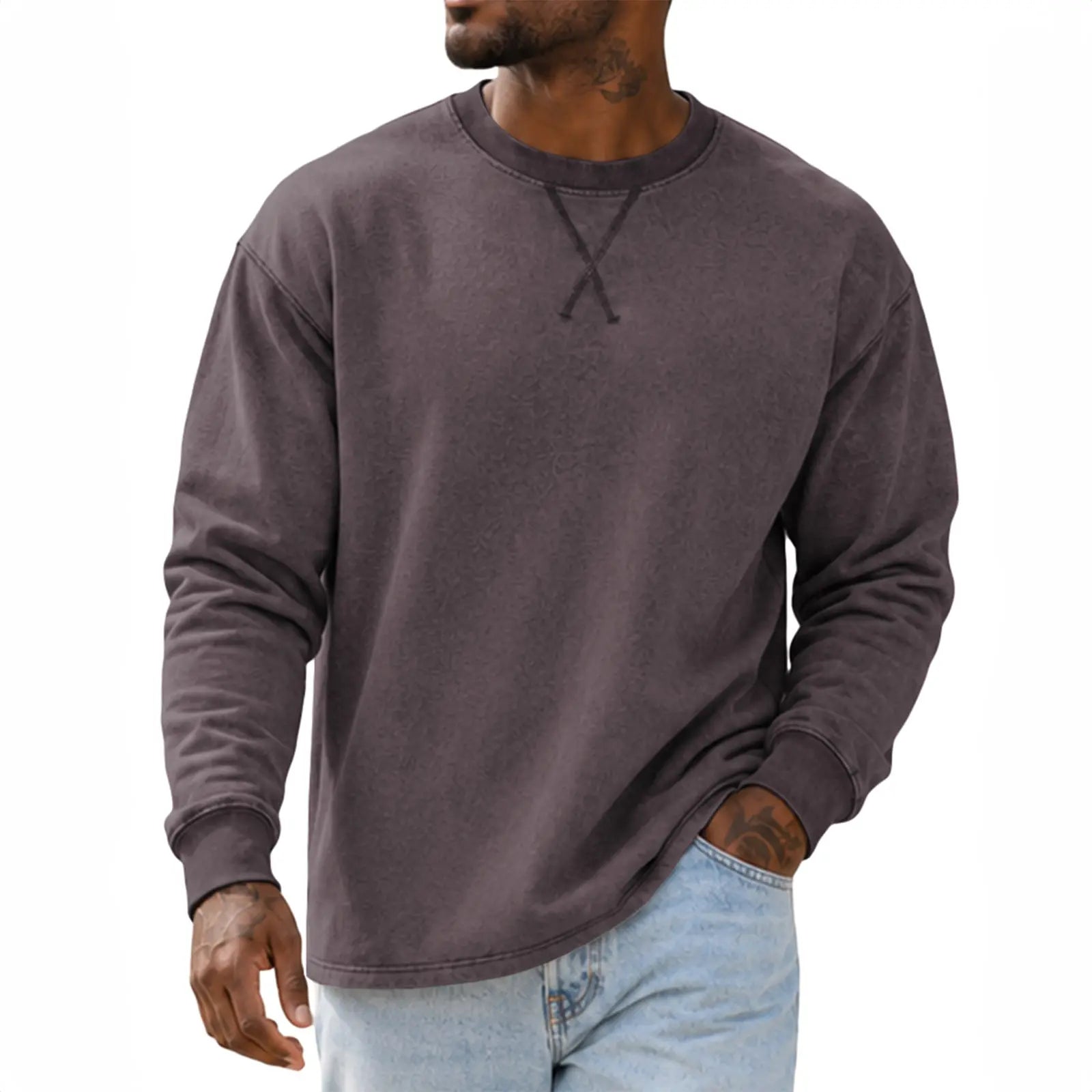 JMIERR Men'S Cotton Acid Washed Long Sleeve Crewneck Pullover | 100% Cotton, Vintage Wash, Crewneck Pullover, Relaxed Fit, Straight Hem, Soft Midweight Feel, Fall Winter Casual Shirts