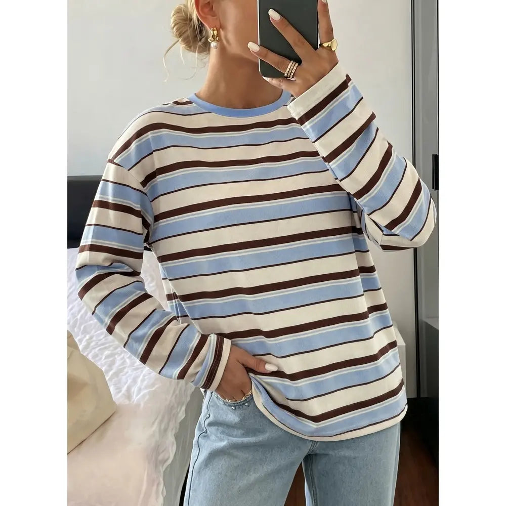 Dokotoo Women'S 2026 Striped Print Crewneck Casual Oversized Long Sleeve Knit Comfortable T-Shirt Tops