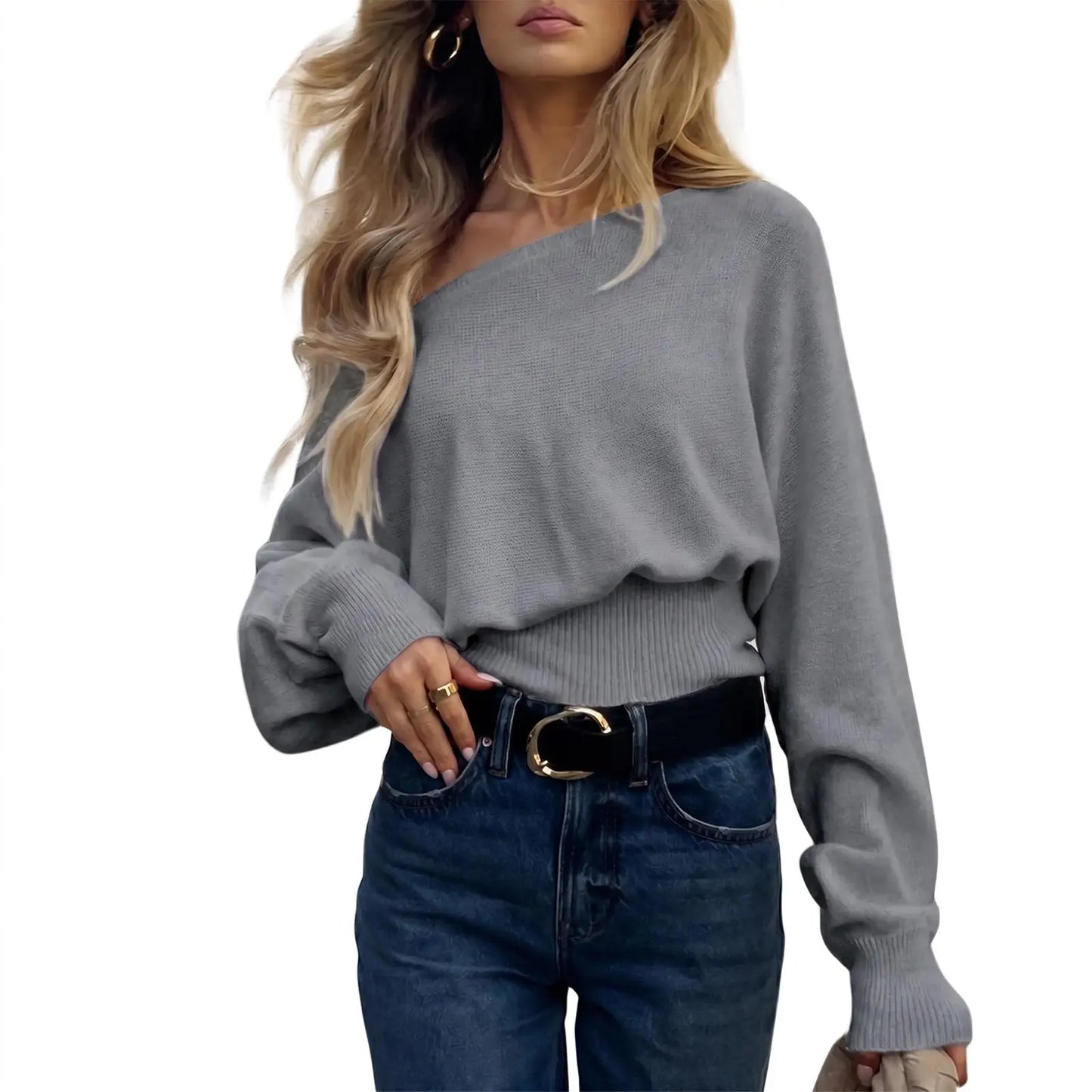 Imily Bela Women'S off Shoulder Sweater Long Sleeve Knit Top Casual Fall/Winter Slouchy Cinched Waist Pullover Jumper