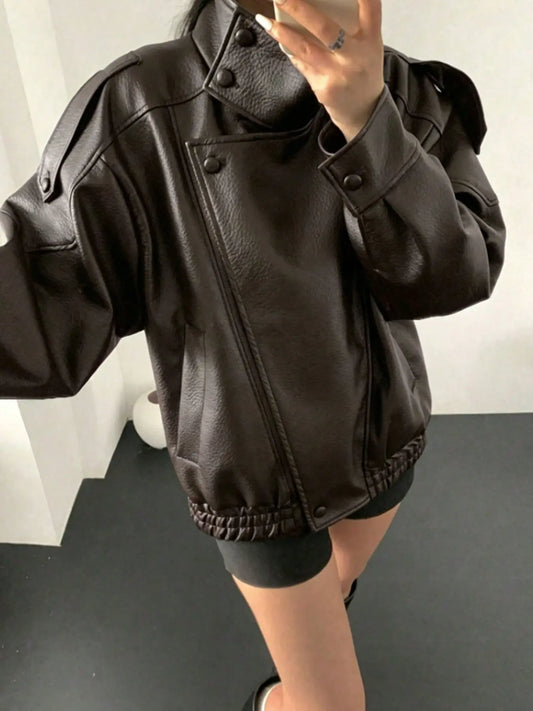Women'S Fall & Winter Streetwear Coats, Fashion Motorcycle Style Leather-Look Long Sleeve Outerwear Jacket, Vintage Loose Fit, Stand Collar Asymmetrical Design, Multiple Colors Available