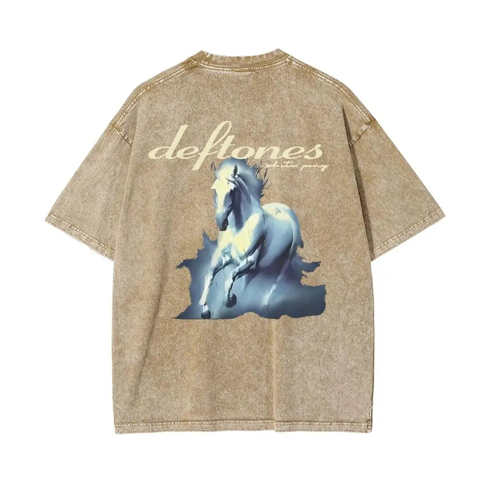 Unisex Retro Limited Vintage Washed T-Shirt, Rock with WHITE PONY Oversized Size Heavy Washed Cotton Tee, 90S Grunge Gothic Punk Y2K Rock Merch