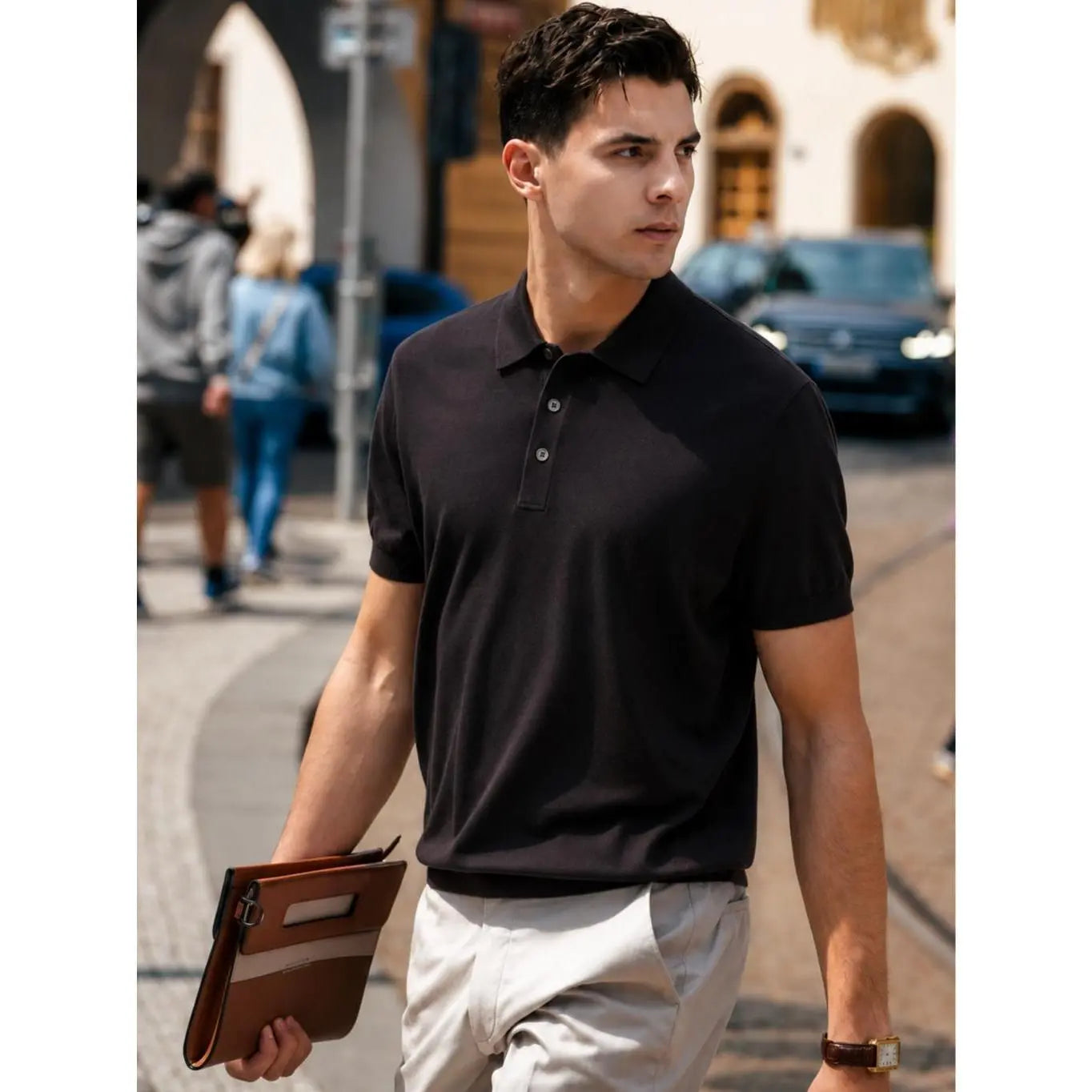 Boveme Men'S 100% Merino Wool 3-Button Polo Sweater, Menswear Tops, Quiet Luxury Style, Natural Smooth Ribbed Fabric, Machine Washable, Hem