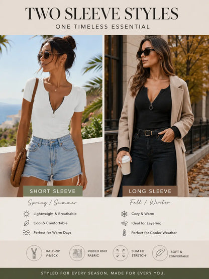 Women'S Ribbed Knit Henley Blouse - Half-Zip V-Neck Short Sleeve and Long Sleeve Slim-Fit Stretch, Soft Lightweight Fabric, Adjustable Zip, Everyday Casual Summer Everyday Tops, Black Minimalist for Effortless Daily Ootd Look, Plain