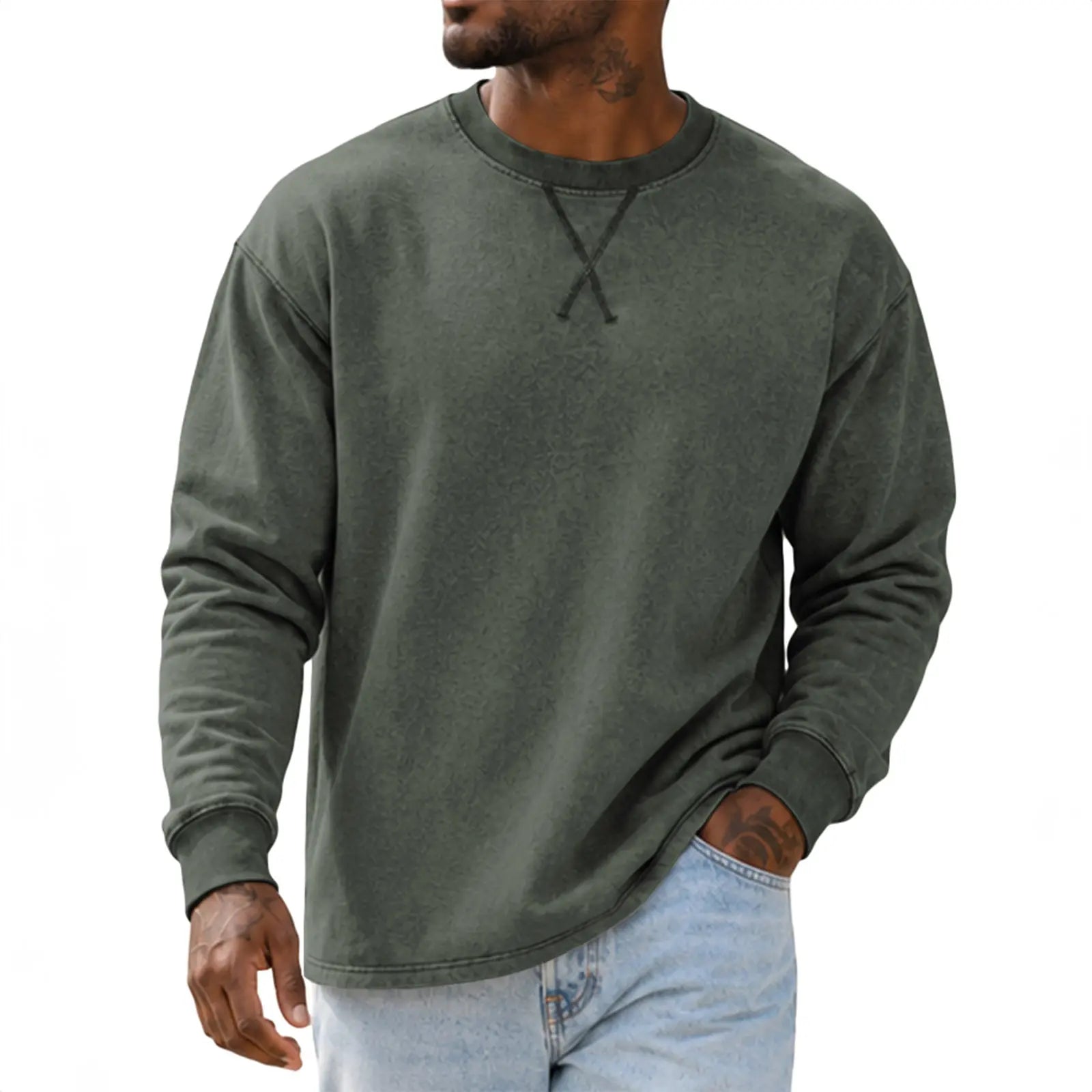 JMIERR Men'S Cotton Acid Washed Long Sleeve Crewneck Pullover | 100% Cotton, Vintage Wash, Crewneck Pullover, Relaxed Fit, Straight Hem, Soft Midweight Feel, Fall Winter Casual Shirts
