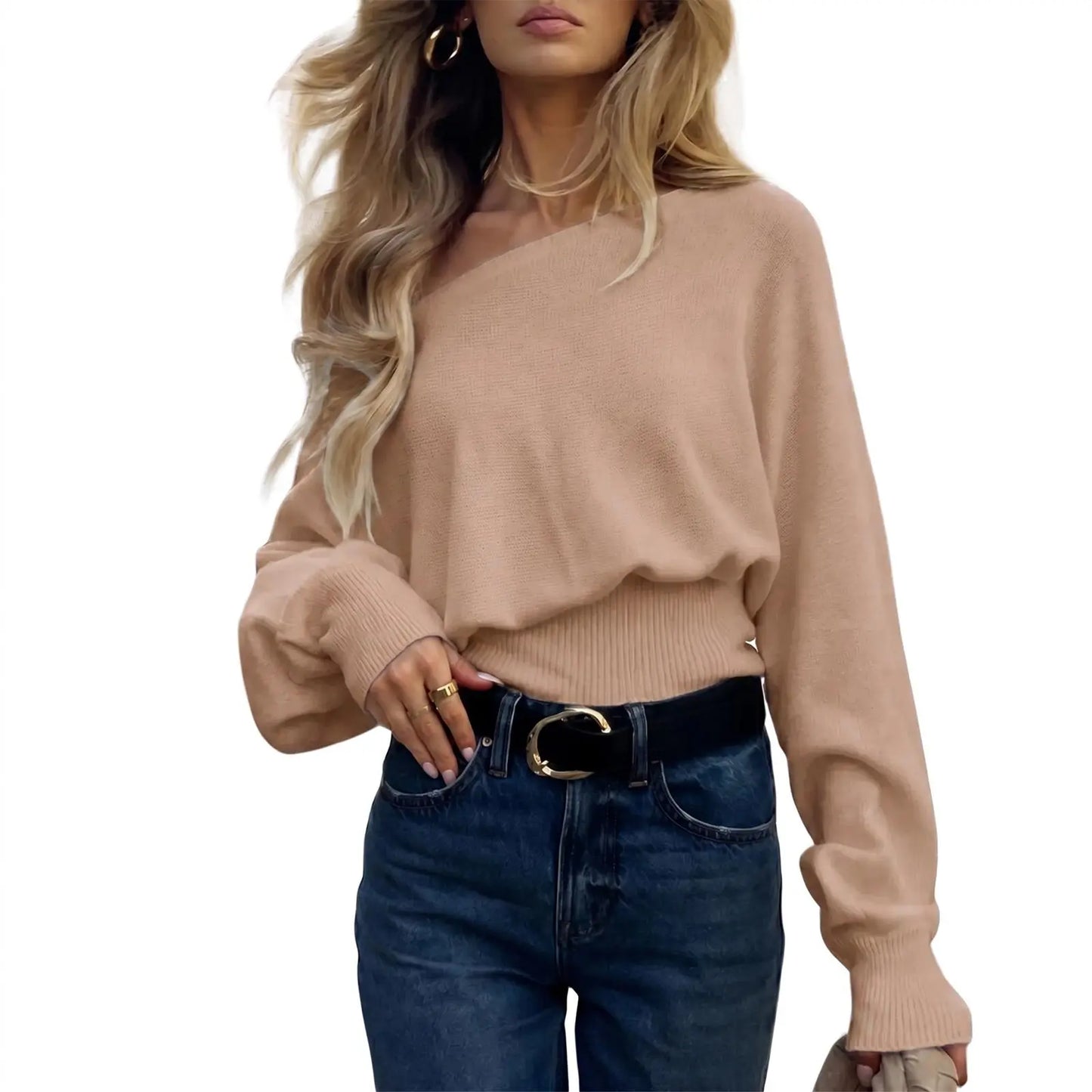 Imily Bela Women'S off Shoulder Sweater Long Sleeve Knit Top Casual Fall/Winter Slouchy Cinched Waist Pullover Jumper