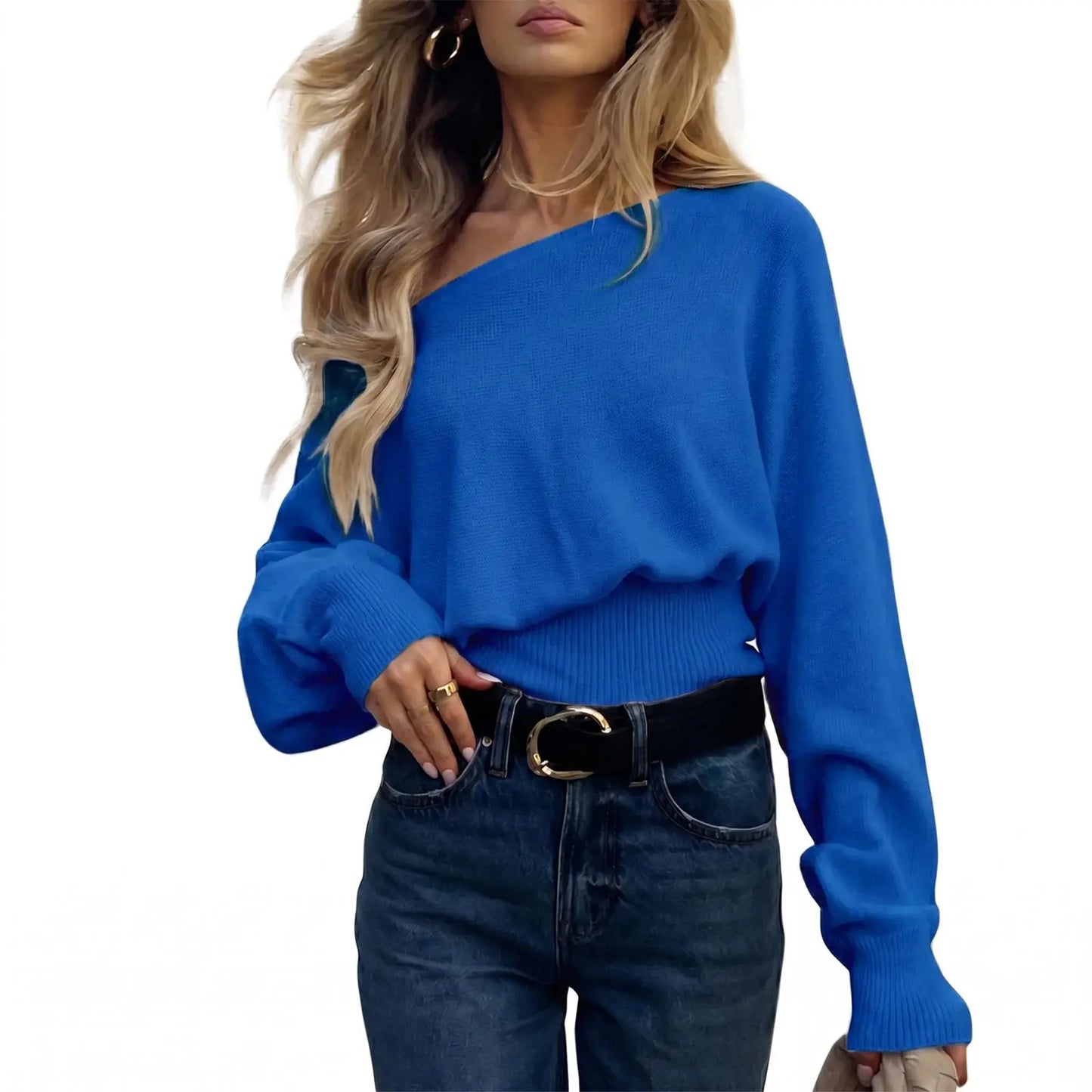 Imily Bela Women'S off Shoulder Sweater Long Sleeve Knit Top Casual Fall/Winter Slouchy Cinched Waist Pullover Jumper