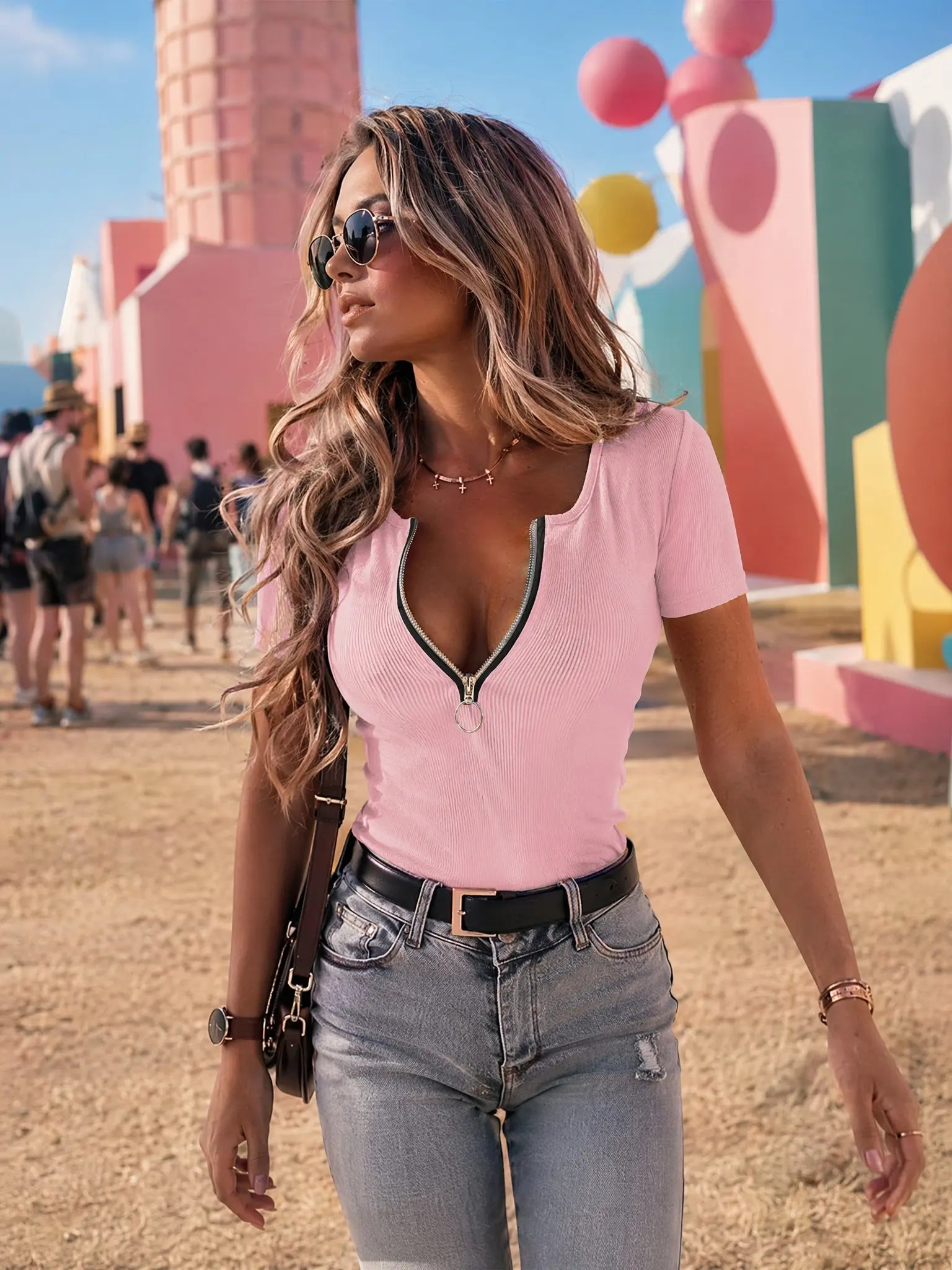 Women'S Ribbed Knit Henley Blouse - Half-Zip V-Neck Short Sleeve and Long Sleeve Slim-Fit Stretch, Soft Lightweight Fabric, Adjustable Zip, Everyday Casual Summer Everyday Tops, Black Minimalist for Effortless Daily Ootd Look, Plain