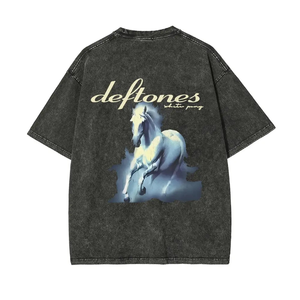 Unisex Retro Limited Vintage Washed T-Shirt, Rock with WHITE PONY Oversized Size Heavy Washed Cotton Tee, 90S Grunge Gothic Punk Y2K Rock Merch