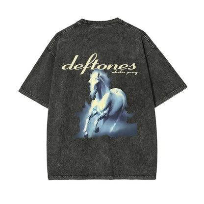 Unisex Retro Limited Vintage Washed T-Shirt, Rock with WHITE PONY Oversized Size Heavy Washed Cotton Tee, 90S Grunge Gothic Punk Y2K Rock Merch