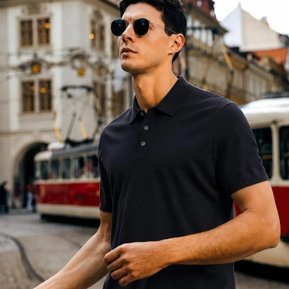 Boveme Men'S 100% Merino Wool 3-Button Polo Sweater, Menswear Tops, Quiet Luxury Style, Natural Smooth Ribbed Fabric, Machine Washable, Hem