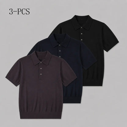 Boveme Men'S 100% Merino Wool 3-Button Polo Sweater, Menswear Tops, Quiet Luxury Style, Natural Smooth Ribbed Fabric, Machine Washable, Hem