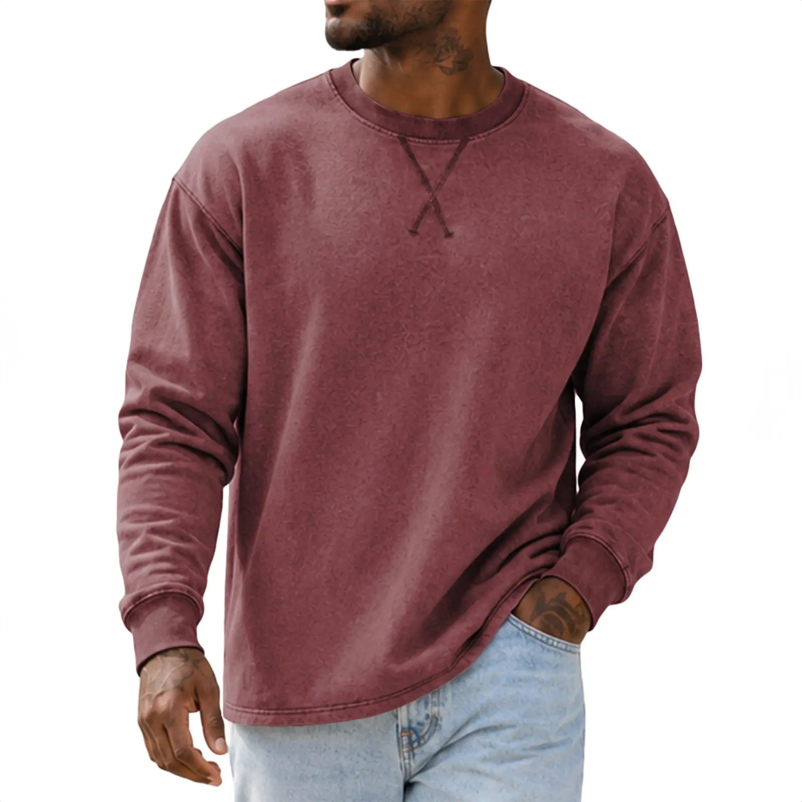 JMIERR Men'S Cotton Acid Washed Long Sleeve Crewneck Pullover | 100% Cotton, Vintage Wash, Crewneck Pullover, Relaxed Fit, Straight Hem, Soft Midweight Feel, Fall Winter Casual Shirts