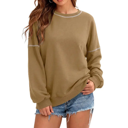 Dokotoo Womens Tops Casual Long Sleeve Oversized Shirts Crewneck Pullover Sweatshirts Autumn Winter Car Stitching Decoration Loose Sweatshirt