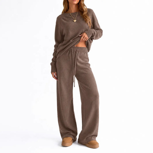 Yimoon Women'S off Shoulder Sweater Knit 2 Piece Long Sleeve Top High Waist Wide Leg Pants Lounge Outfit Matching Set Womenswear