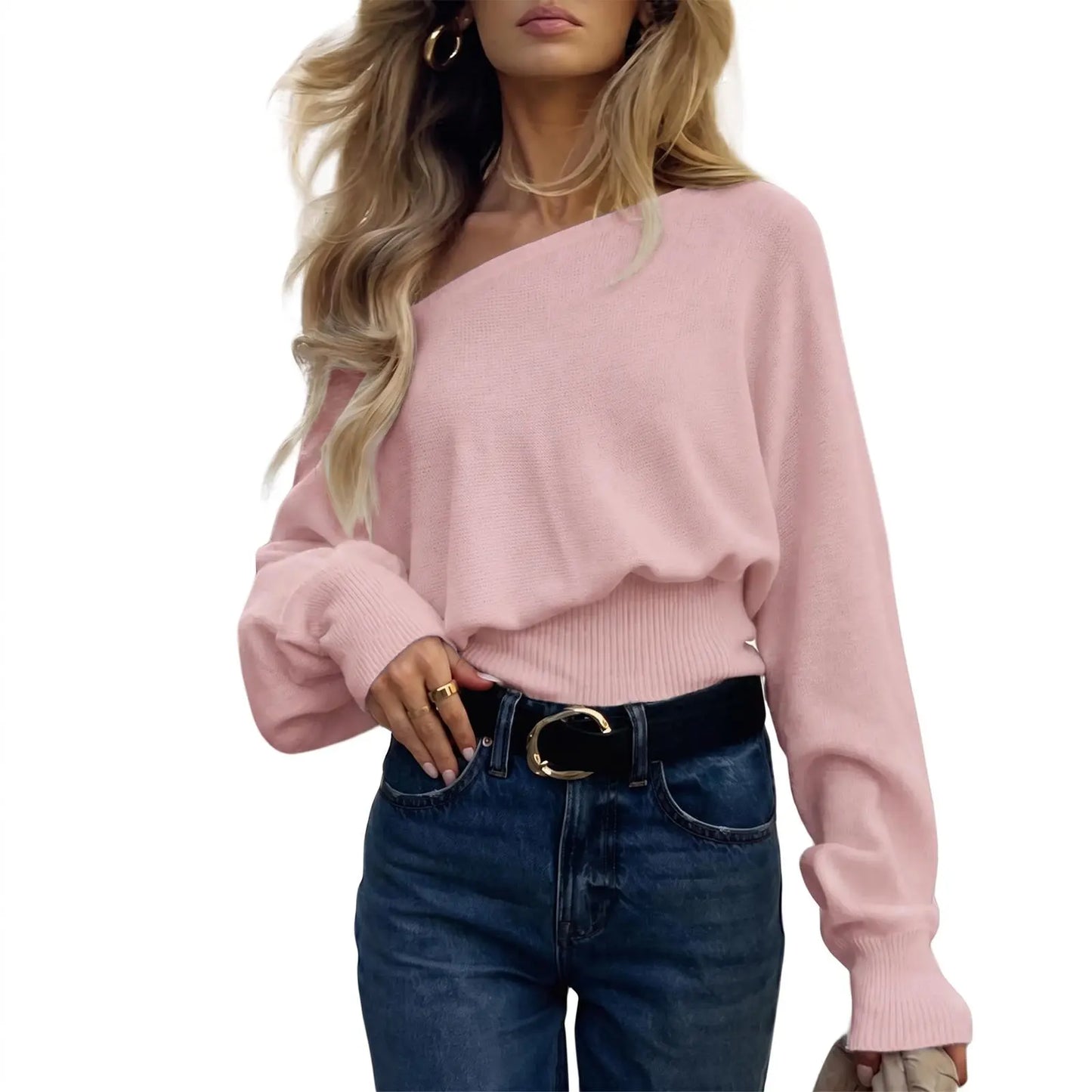 Imily Bela Women'S off Shoulder Sweater Long Sleeve Knit Top Casual Fall/Winter Slouchy Cinched Waist Pullover Jumper