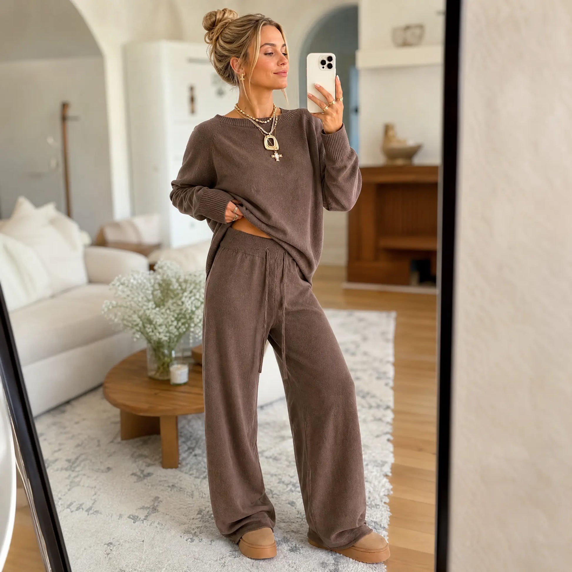 Yimoon Women'S off Shoulder Sweater Knit 2 Piece Long Sleeve Top High Waist Wide Leg Pants Lounge Outfit Matching Set Womenswear