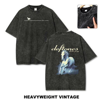 Unisex Retro Limited Vintage Washed T-Shirt, Rock with WHITE PONY Oversized Size Heavy Washed Cotton Tee, 90S Grunge Gothic Punk Y2K Rock Merch