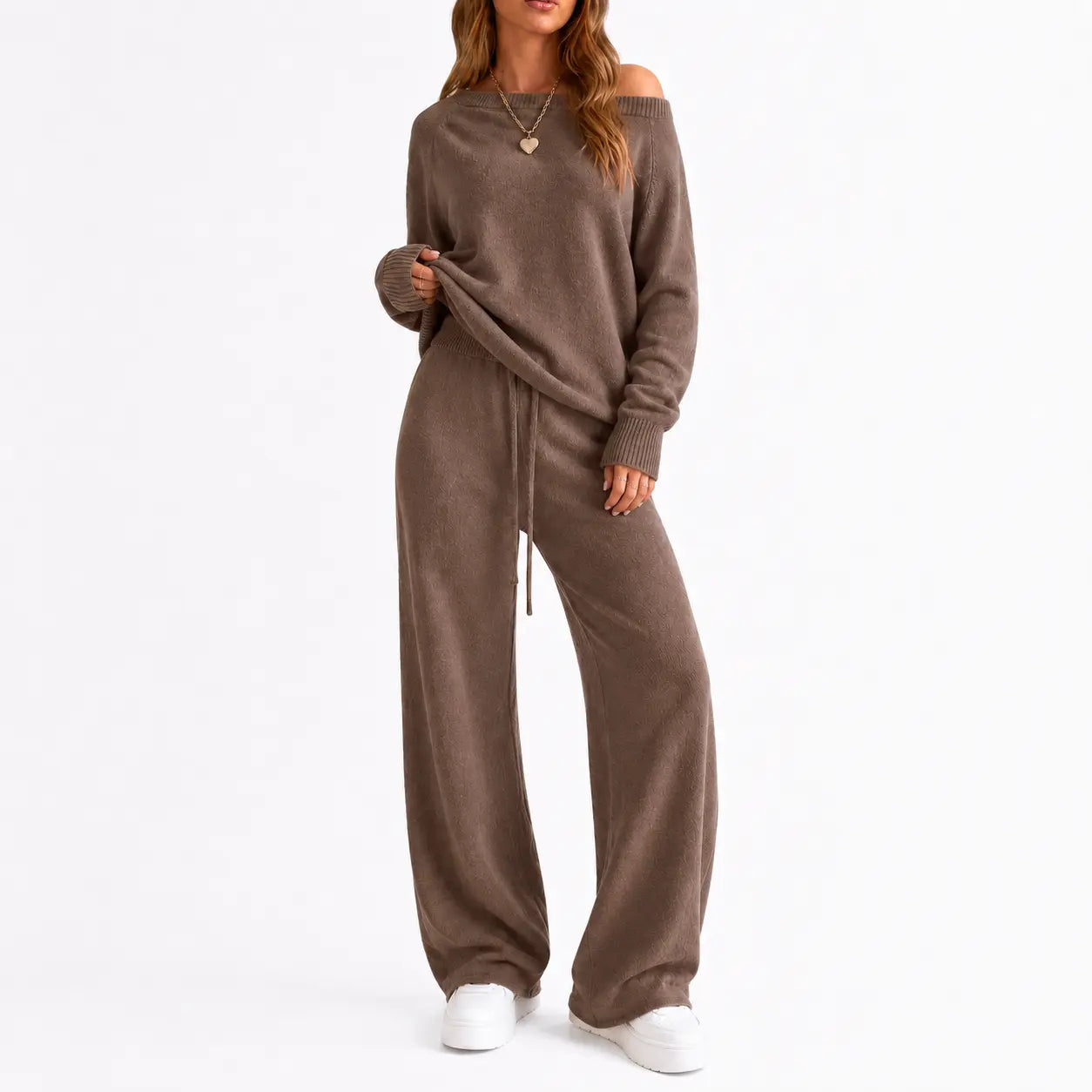 Yimoon Women'S off Shoulder Sweater Knit 2 Piece Long Sleeve Top High Waist Wide Leg Pants Lounge Outfit Matching Set Womenswear