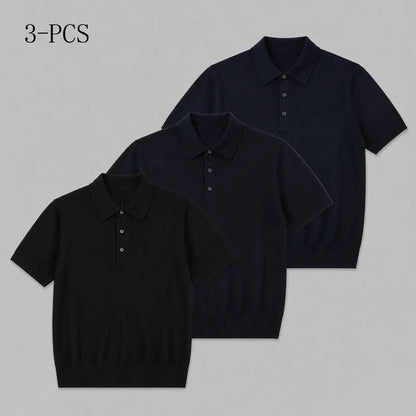 Boveme Men'S 100% Merino Wool 3-Button Polo Sweater, Menswear Tops, Quiet Luxury Style, Natural Smooth Ribbed Fabric, Machine Washable, Hem
