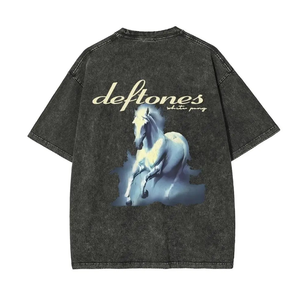 Unisex Retro Limited Vintage Washed T-Shirt, Rock with WHITE PONY Oversized Size Heavy Washed Cotton Tee, 90S Grunge Gothic Punk Y2K Rock Merch