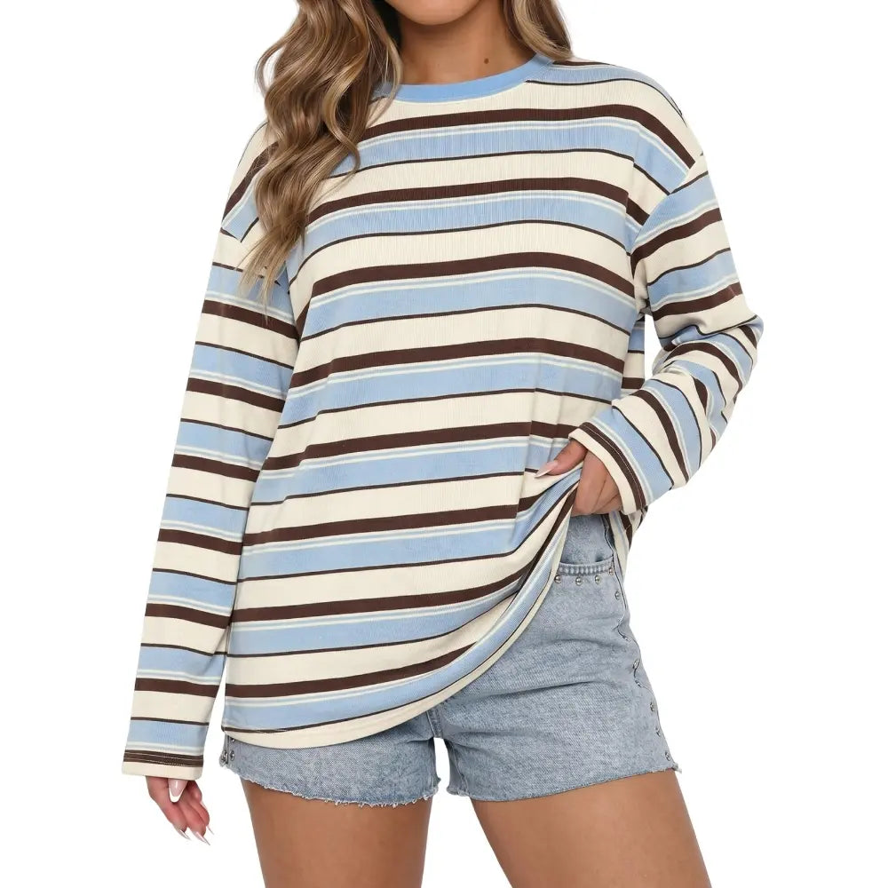 Dokotoo Women'S 2026 Striped Print Crewneck Casual Oversized Long Sleeve Knit Comfortable T-Shirt Tops