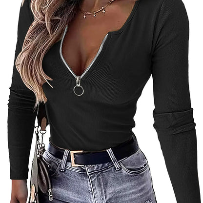 Women'S Ribbed Knit Henley Blouse - Half-Zip V-Neck Short Sleeve and Long Sleeve Slim-Fit Stretch, Soft Lightweight Fabric, Adjustable Zip, Everyday Casual Summer Everyday Tops, Black Minimalist for Effortless Daily Ootd Look, Plain