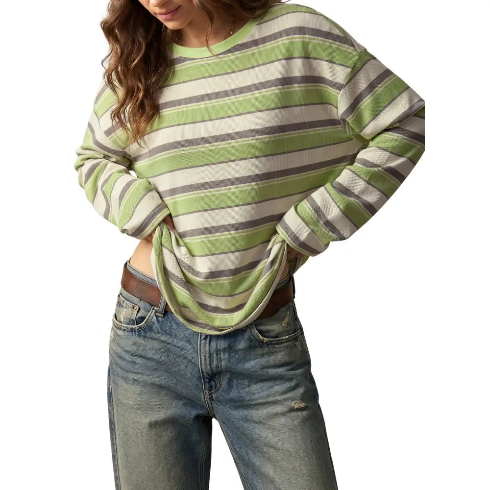 Dokotoo Women'S 2026 Striped Print Crewneck Casual Oversized Long Sleeve Knit Comfortable T-Shirt Tops