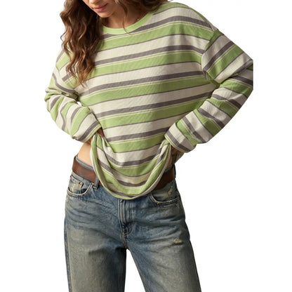 Dokotoo Women'S 2026 Striped Print Crewneck Casual Oversized Long Sleeve Knit Comfortable T-Shirt Tops